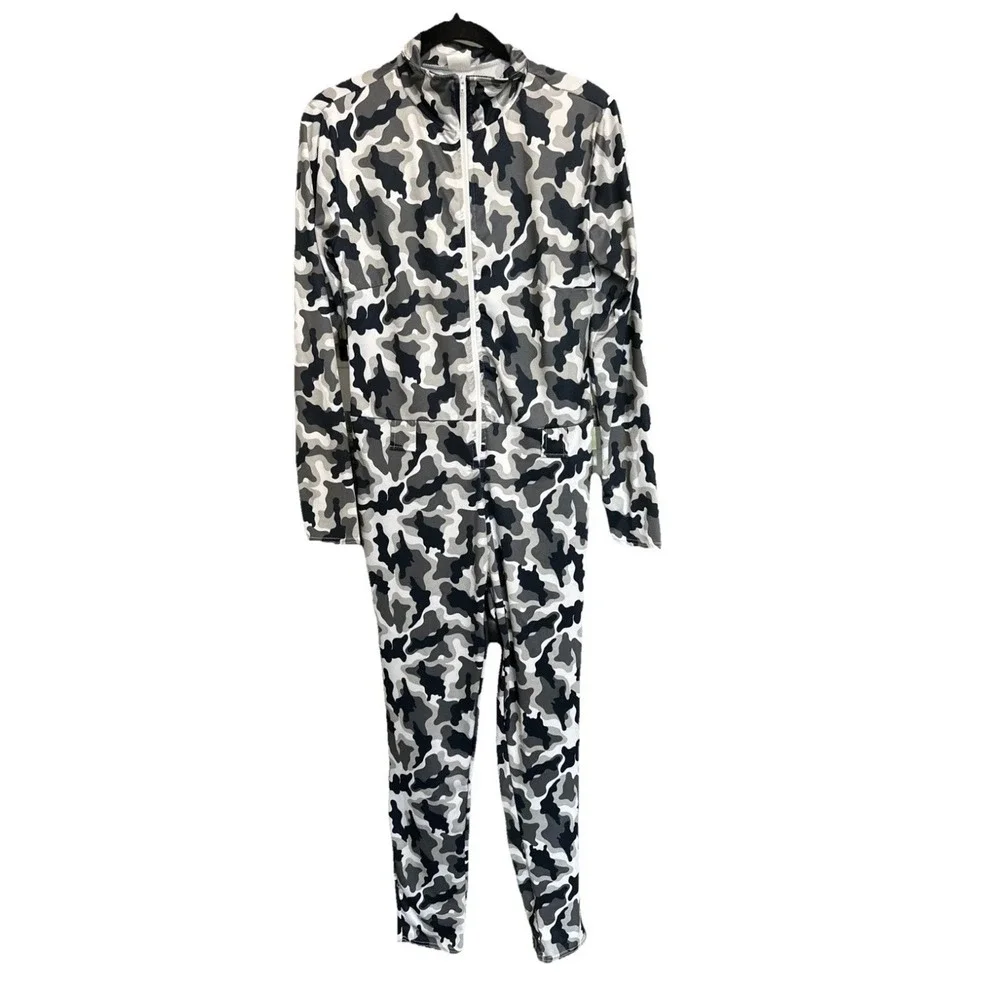 Spirit Halloween Camo Jumpsuit Womens Large Grey Black White Costume Bodysuit